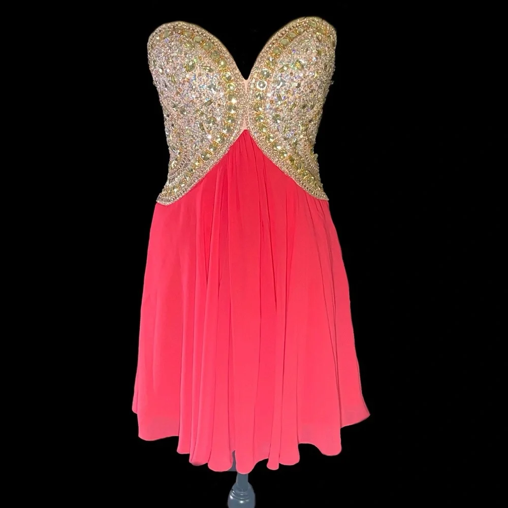 NWOT by Terani Couture Coral Gold Rhinestones Prom Formal Dress Size 8 - Picture 2 of 7